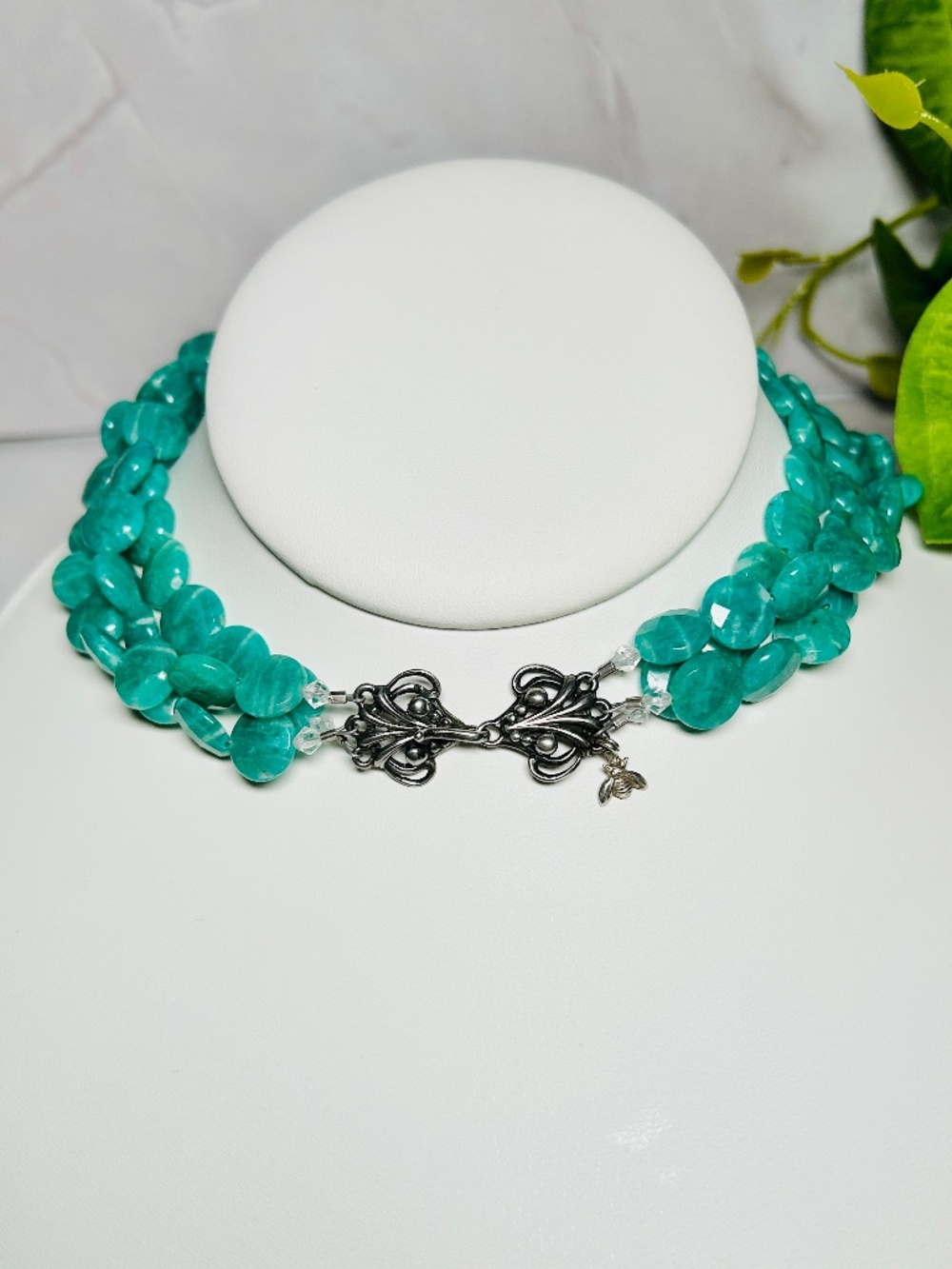 VINTAGE Gemstone Beaded Stone Necklace Sterling Silver Ornate Clasp